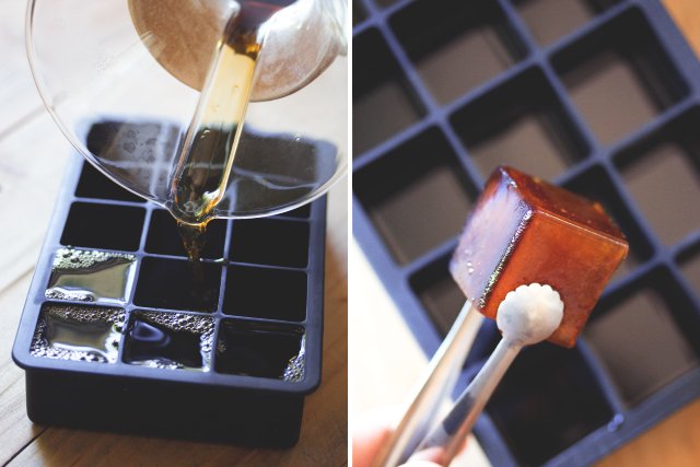 Pouring coffee in ice cube tray on grey background - Ducks 'n a Row