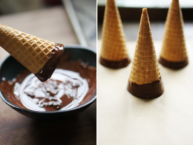Chocolate dipped sugar cones