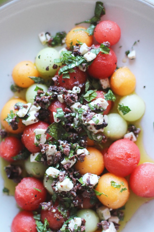 Melon, feta, olive herb salad | HonestlyYUM