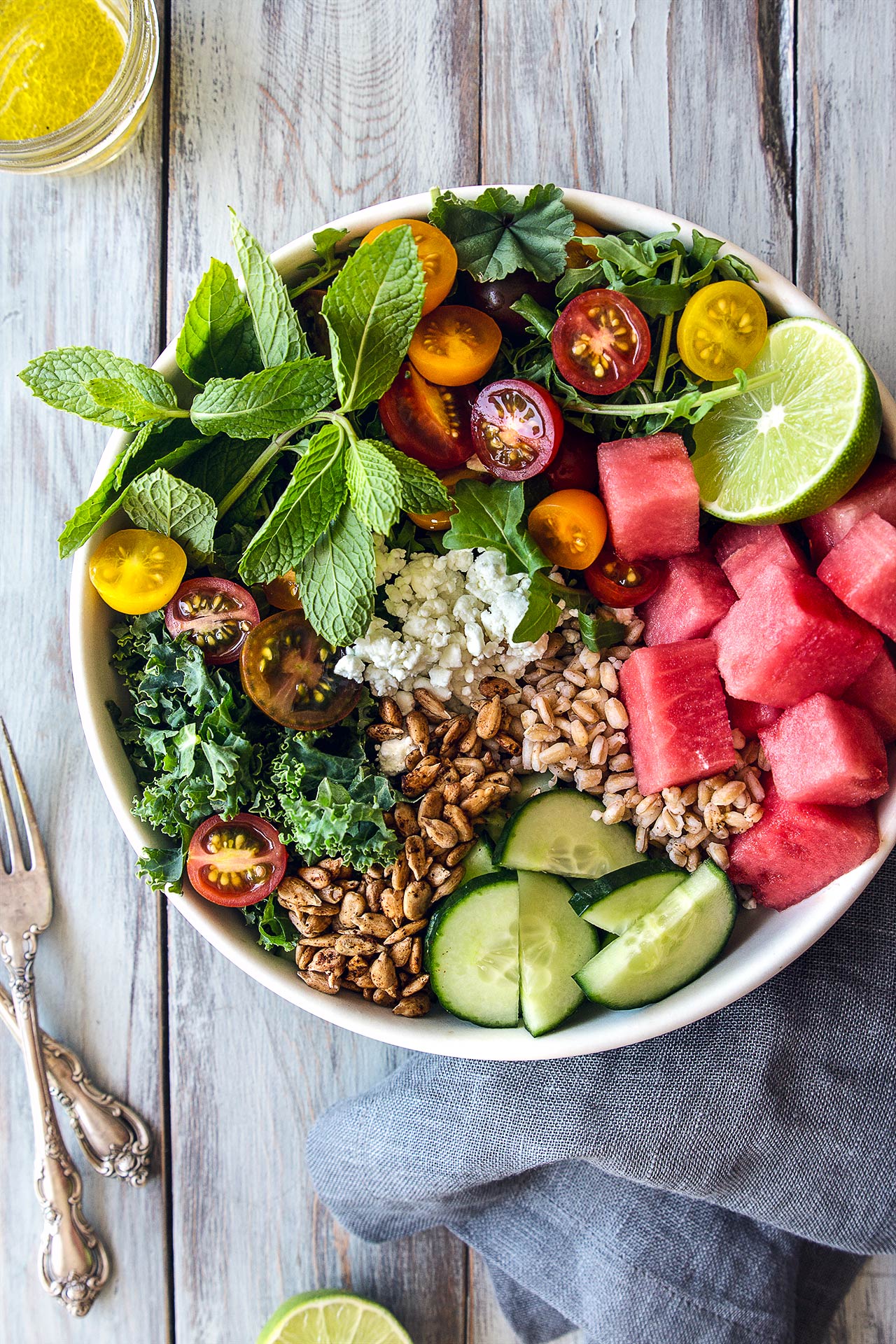 Early summer salad with kale, arugula, watermelon and farro | HonestlyYUM (honestlyyum.com)