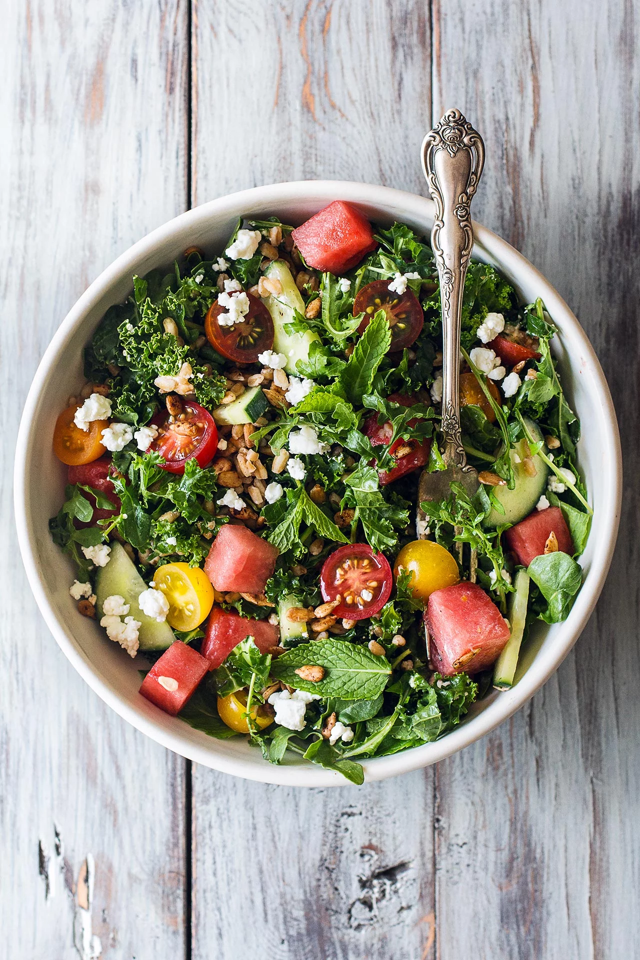 Early summer salad with kale, arugula, watermelon and farro | HonestlyYUM (honestlyyum.com)