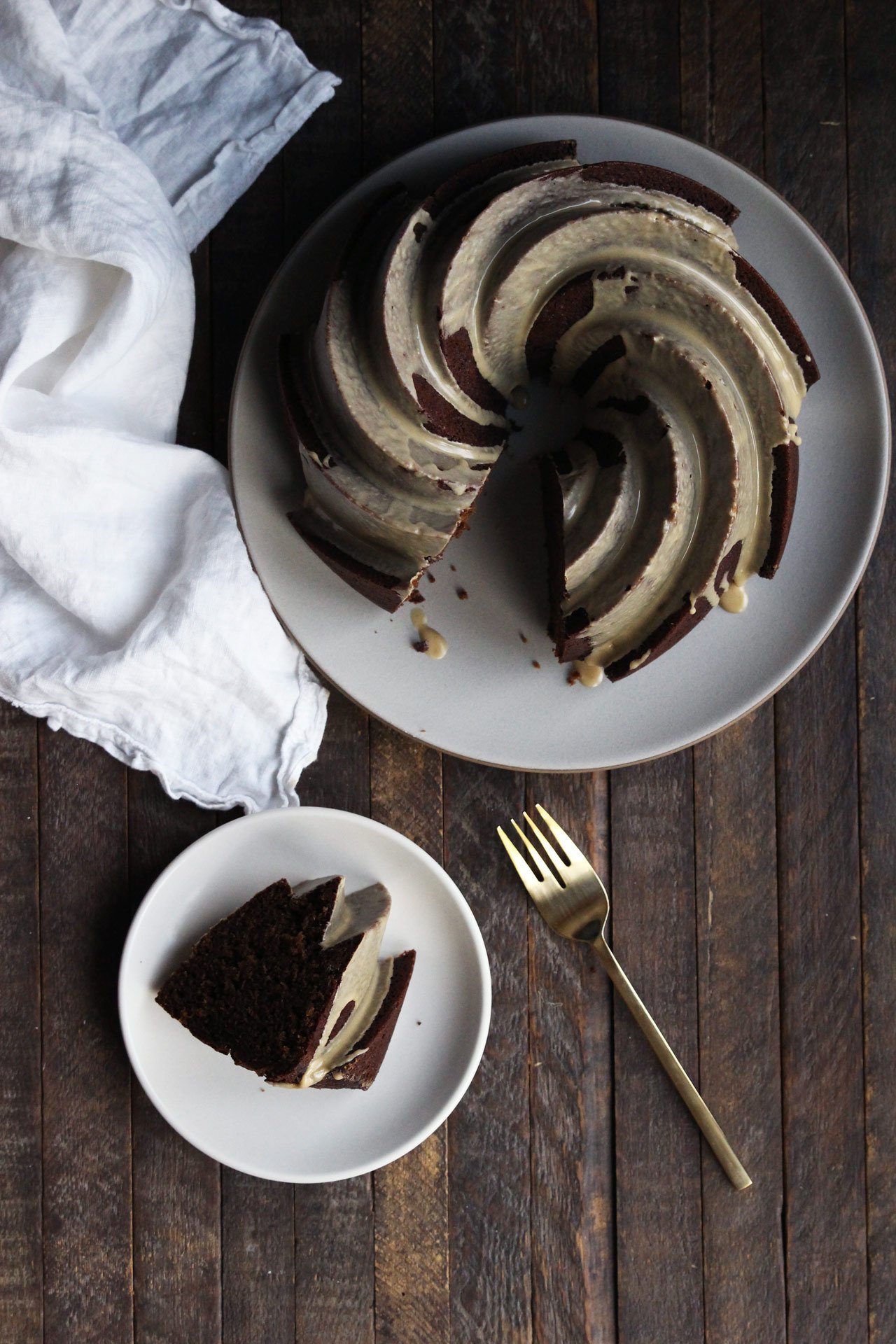 Gingerbread bundt with coffee cardamom glaze