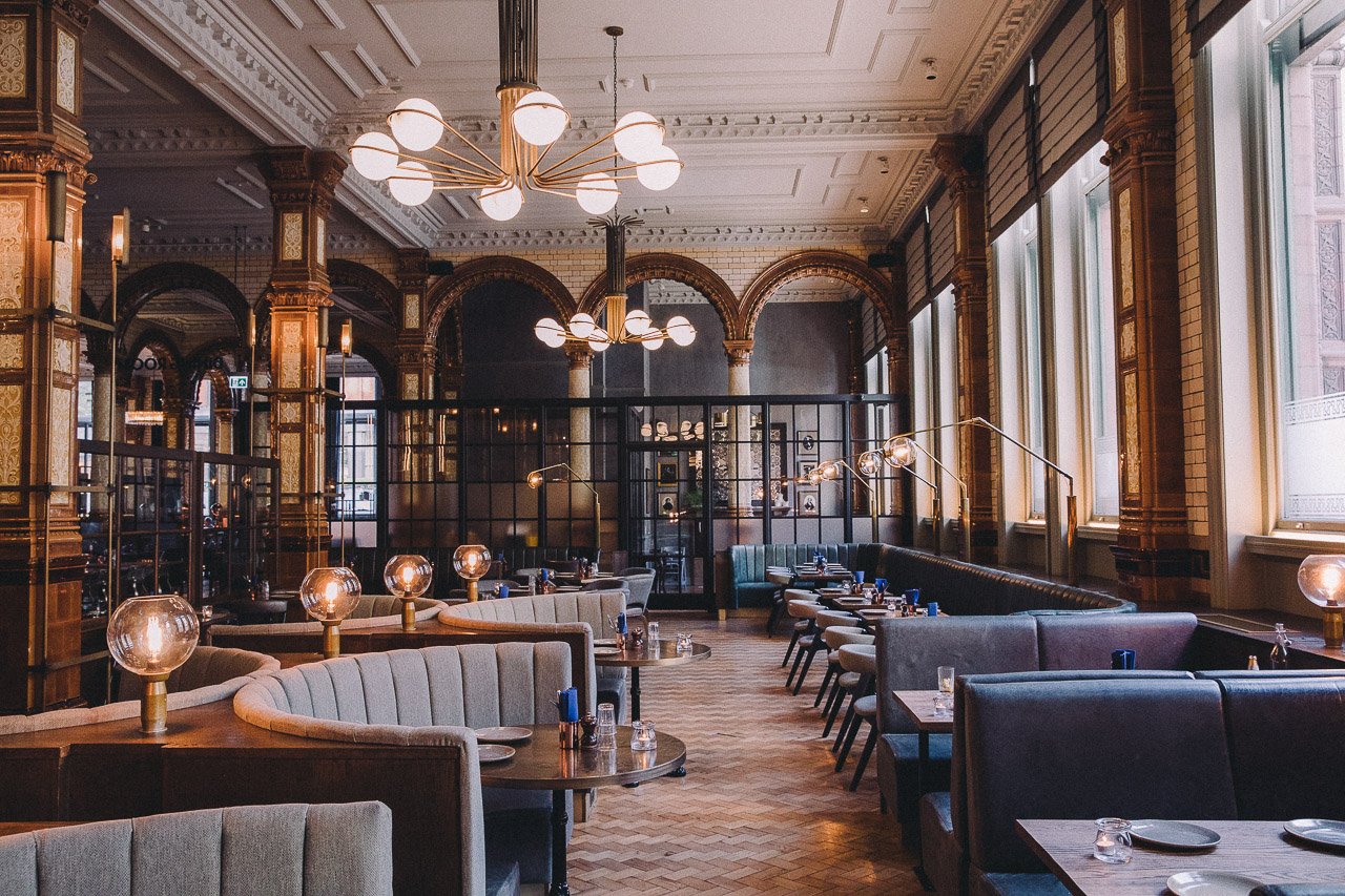 The dining room at Refuge, Manchester, England.